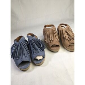 Fringe Wedge Heel Sandals 11M Tan & Blue Peep Toe Espadrille Style